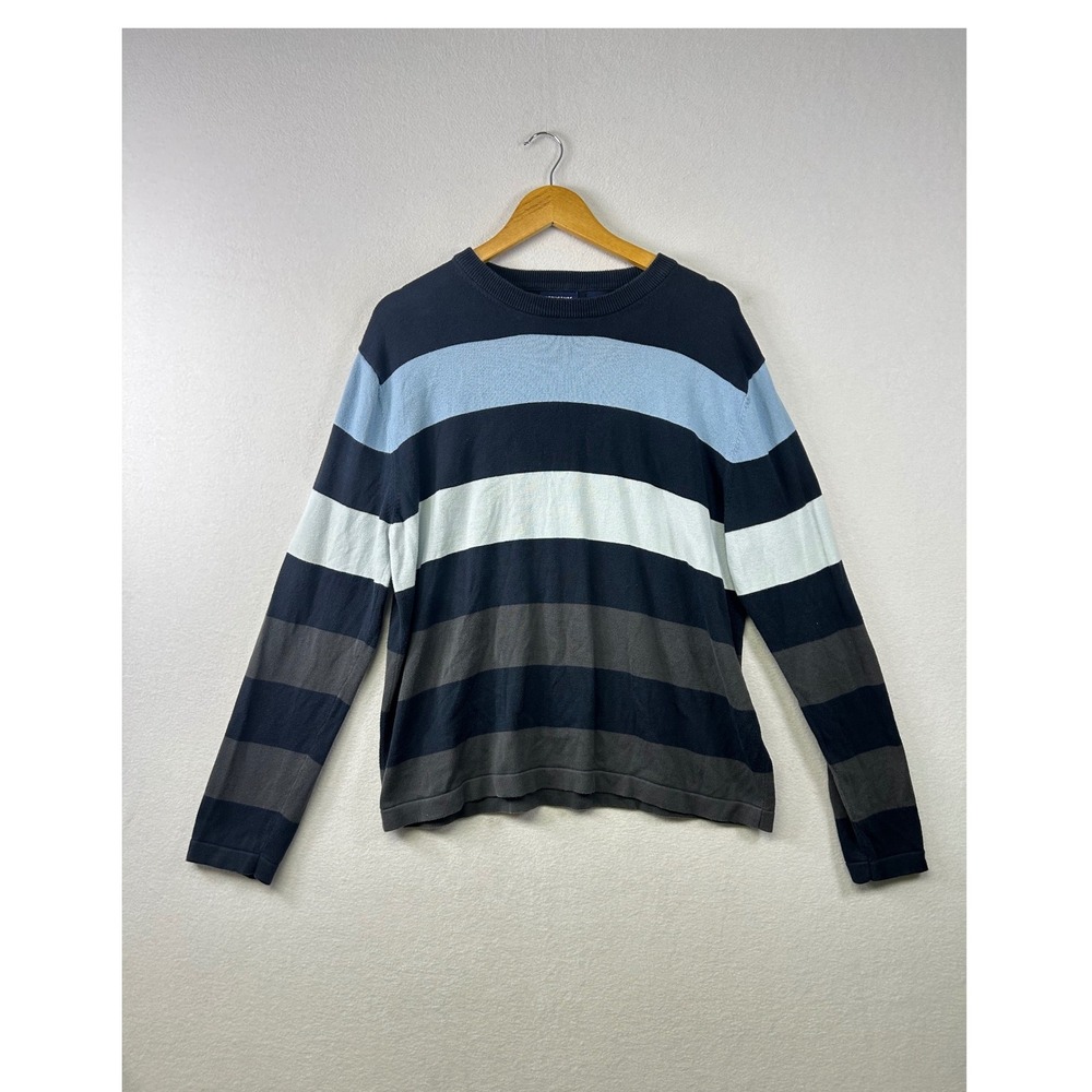 STRUCTURE Mens Striped Long Sleeve Cotton Sweater XL Blue White‎ Gray